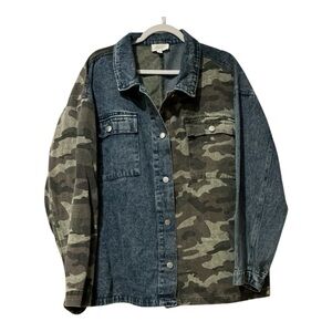 ODDY Oversized Mixed Medium Denim & Camo Shacket Jacket 2XL Button Front Pockets